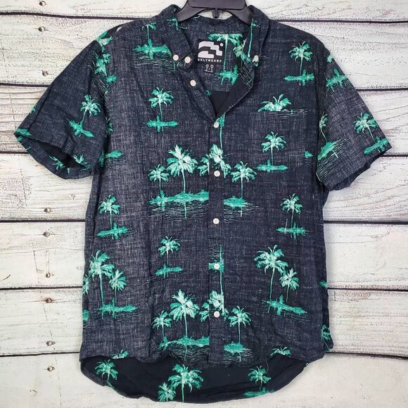 BKLYNSURF Men’s Button Up Shirt Large Black Green Palm Tree Print Short Sleeve 1 - Picture 1 of 7